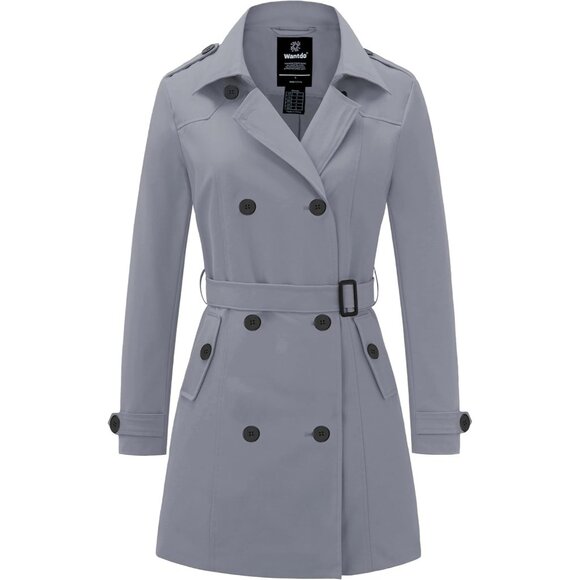 Women'   Gray Waterproof Trench Coat Classic Lapel Outerwear Coat with Belt - Picture 1 of 6